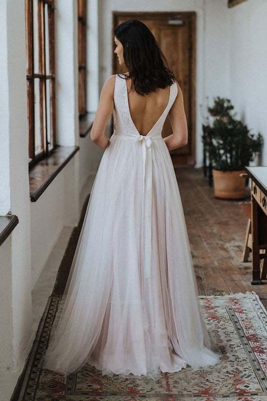 Open Back Beach Wedding Dress with Lace PD0362