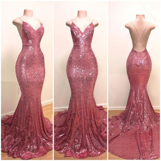 Gorgeous Spaghetti-Straps Sequins Prom Dress Mermaid Long Rose Pink Party Gowns