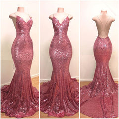 Gorgeous Spaghetti-Straps Sequins Prom Dress Mermaid Long Rose Pink Party Gowns