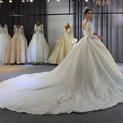 Sweetheart Backless Modest A-Line Wedding Gown with Long Sleeves and Lace Appliques Sequins