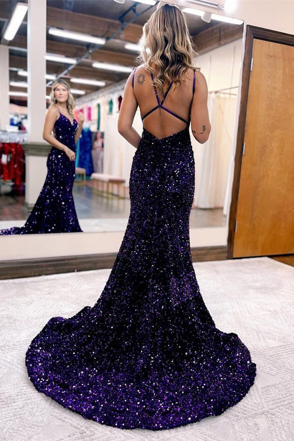 Elegant V-Neck Sleeveless Prom Dress Mermaid Sequins Long