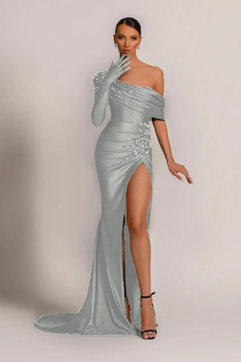 Emerald Green Evening Dress One Shoulder With Pearl Split