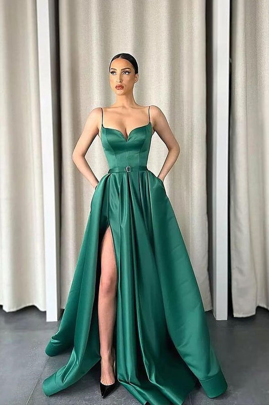 Gorgeous Spaghetti-Straps Emerald Prom Dress Split With Pockets