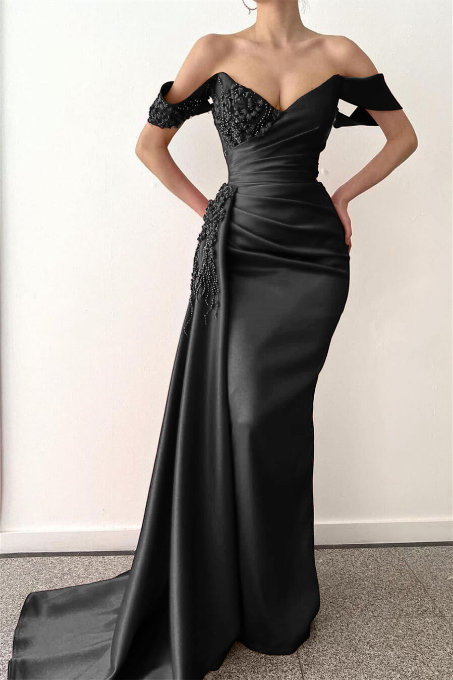 Red Mermaid Beadings V-Neck Off-the-Shoulder Prom Dress Long with Ruffles