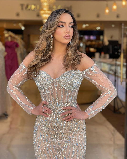 Heavy Champagne Prom Dress Sweetheart Long Sleeves Strapless Beads Mermaid Tulle