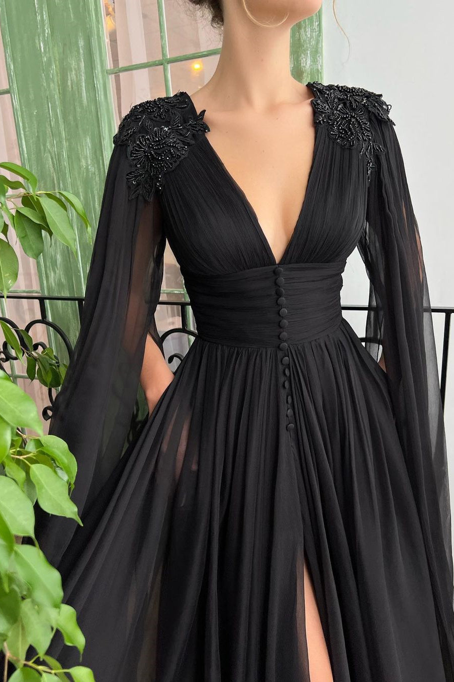 Modest Black Ruffle Sleeves Prom Dress Long Slit With Buttons