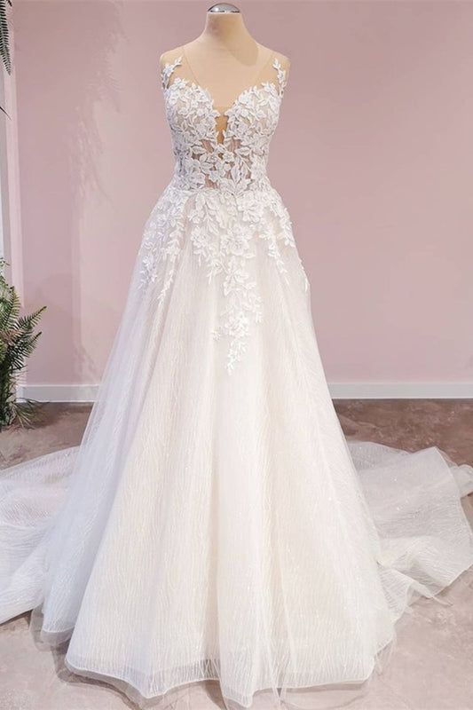 Elegant Backless Sweetheart Wedding Gown in A-Line Lace Tulle with Floor-length Appliques