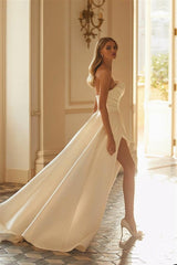 Elegant White Satin A-Line Long Wedding Dress with Strapless Sleeveless Design and Split