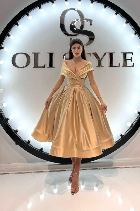 Chic Sleeveless Off the Shoulder A-Line V-Neck Prom Dress With Pleated