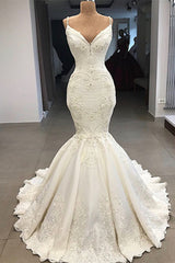 Wedding Dress with Detachable Skirt, Spaghetti Straps, and Mermaid Applique Ruffles