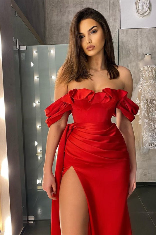 Fabulous Off-the-Shoulder Red Prom Dress Slit Long With Ruffles