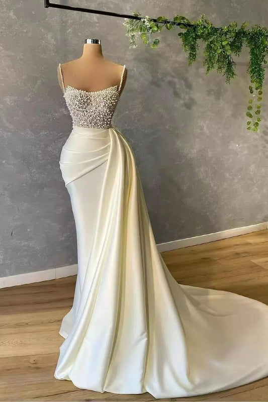 Elegant Spaghetti-Straps Pearl Mermaid Evening Dress with Sequins Pleated