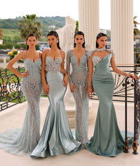 Prom Dress Spaghetti Strap Long Mermaid Satin Sequins Beadings