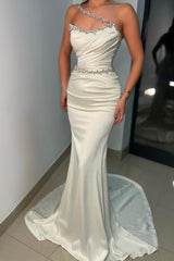 Classy White Sleeveless Mermaid Prom Dress Long With Beadings