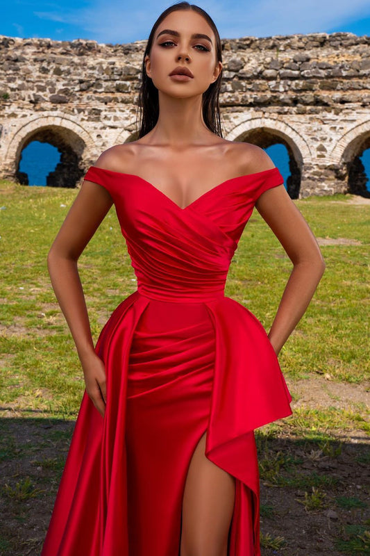 Chic Off-the-Shoulder Red Prom Dress Long Split With Ruffle