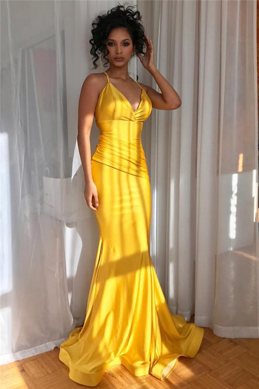 Charming Yellow Spaghetti-Straps Long Mermaid Prom Dress