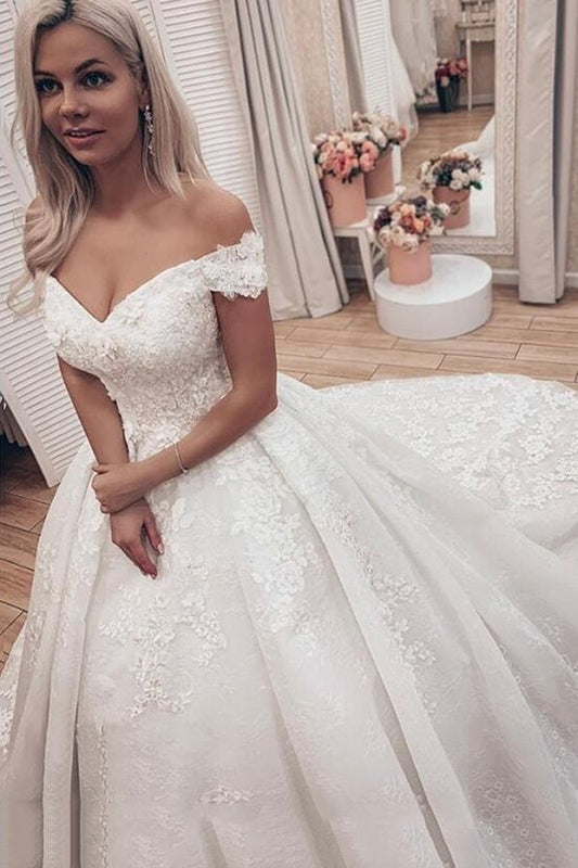 A-Line Off-The-Shoulder Wedding Dresses in Classic Lace