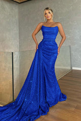 Baby Blue Strapless Sleeveless Beadings Mermaid Prom Dress with Sequins