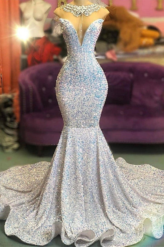Mermaid Sequins Prom Dress Long With Crystal Necklace