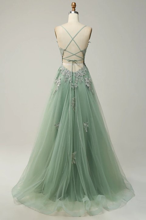 Dusty Pink Spaghetti Strap Tulle V Neck Prom Dress with Lace Appliques
