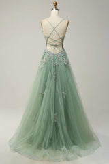 Dusty Pink Spaghetti Strap Tulle V Neck Prom Dress with Lace Appliques