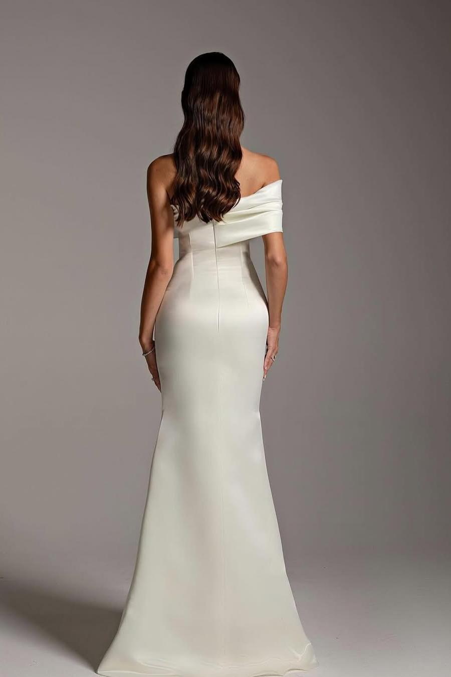 Elegant White Satin Long Mermaid Wedding Dress with One Shoulder and Strapless Pleated Design