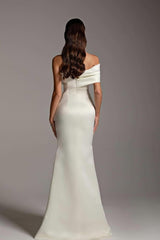 Elegant White Satin Long Mermaid Wedding Dress with One Shoulder and Strapless Pleated Design