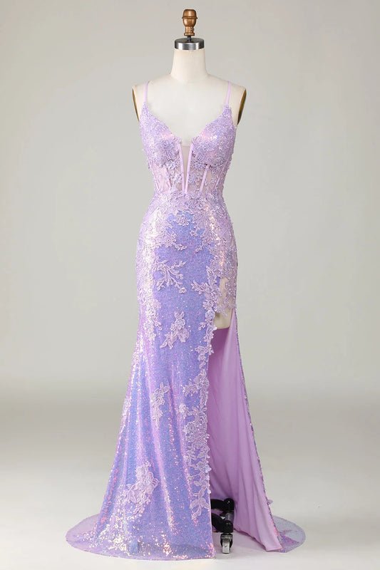 Spaghetti Strap Prom Dress Applique Split Mermaid Dress