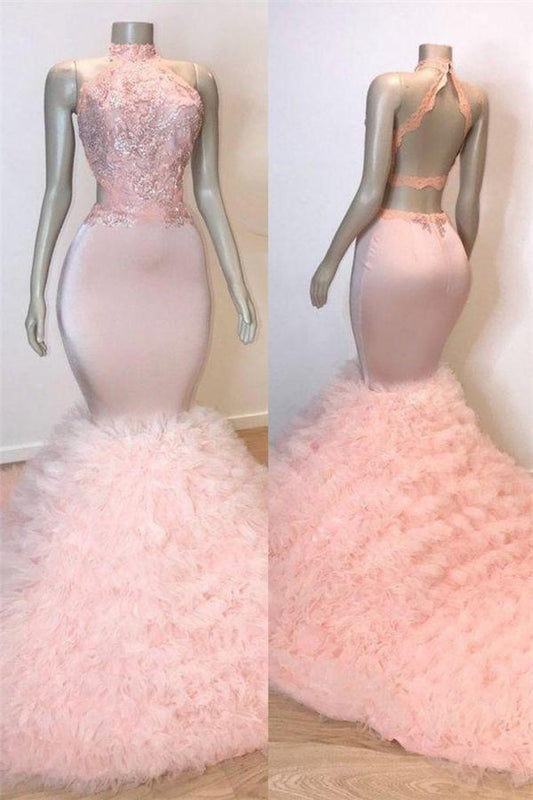 Pink High Neck Mermaid Prom Dress Lace Appliques Tulle Evening Gowns
