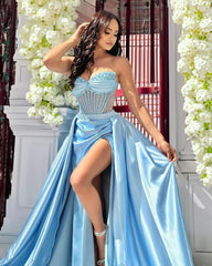 Blue Prom Dress Long A Line Sleeveless High Slit Dress with Beads