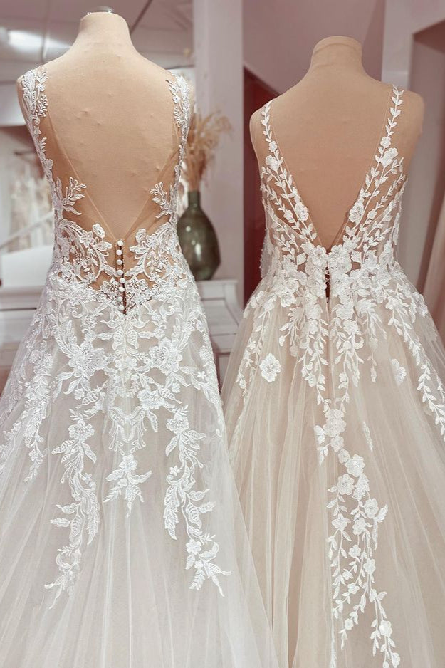 Elegant Floor-length A-Line Wedding Dress in Deep V-neck with Lace and Tulle Appliques
