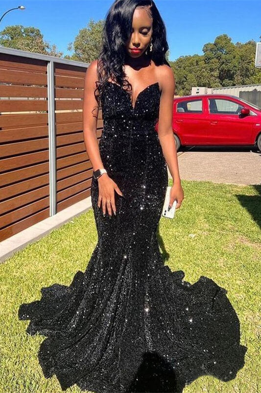 Fabulous Black Sleeveless Mermaid Prom Gown Sweetheart With Sequins  On Sale