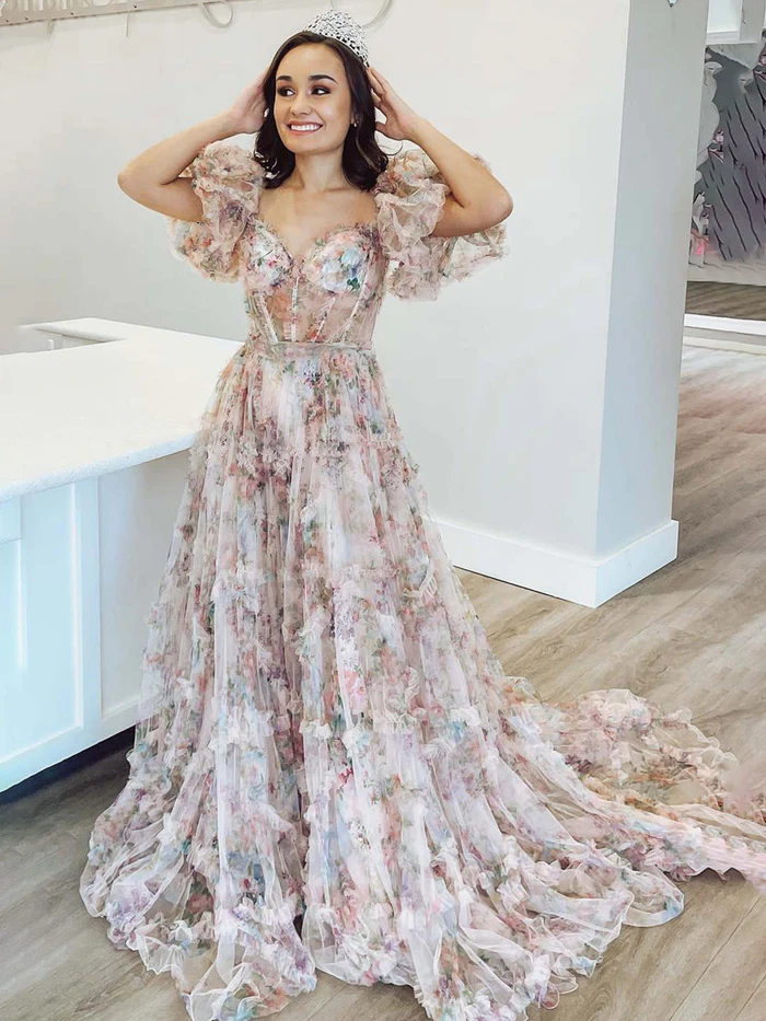  Off-the-Shoulder Puff Sleeves A Line Long Prom Dress with Tulle