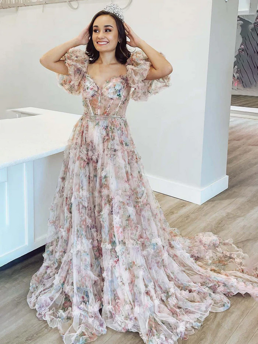  Off-the-Shoulder Puff Sleeves A Line Long Prom Dress with Tulle