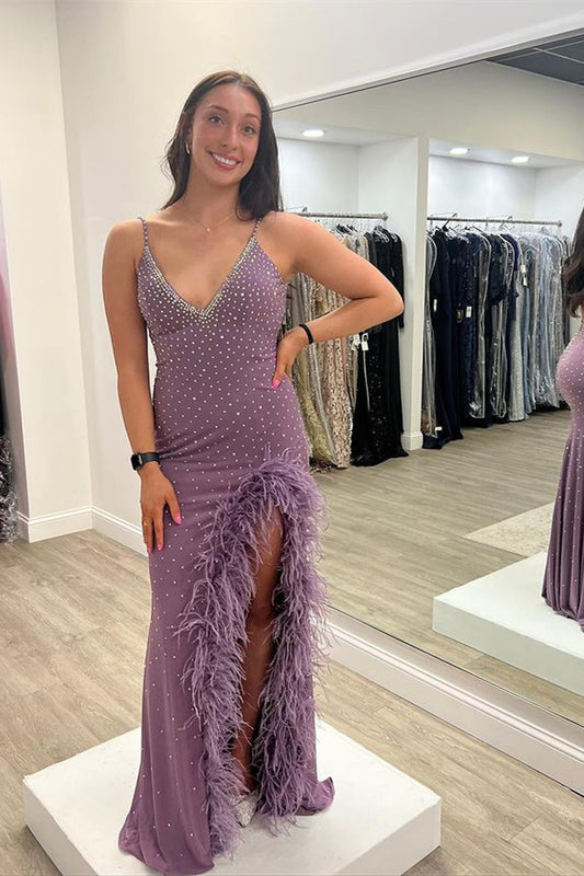 Elegant Spaghetti-Straps V-Neck Prom Dress Sleeveless Slit With Beads Feather