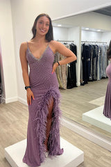Elegant Spaghetti-Straps V-Neck Prom Dress Sleeveless Slit With Beads Feather