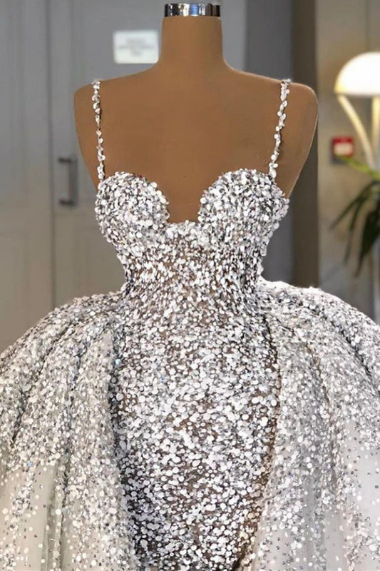 Sweetheart Mermaid Wedding Dress with Elegant Sequins and Ruffled Train