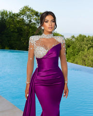 Modern High Neck Purple Prom Dress Mermaid Long Sleeves With Crystal