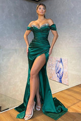 Classic Dark Green Off-the-Shoulder Mermaid Prom Dress Split With Beadings