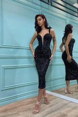 Black Sequins Straps Prom Dress Mermaid