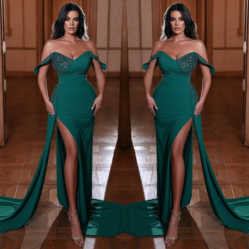 Charming Emerald Green Mermaid Prom Dress Off-the-Shoulder Split With Beads