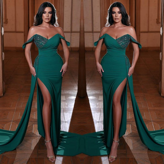 Emerald Off-the-Shoulder V-Neck Mermaid Evening Dress with Ruffles Split