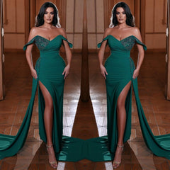 Charming Emerald Green Mermaid Prom Dress Off-the-Shoulder Split With Beads