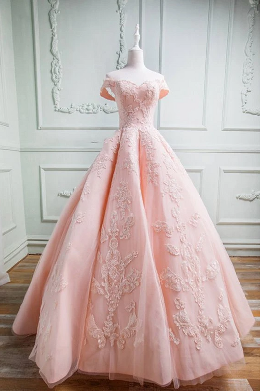 Sweetheart Pink Wedding Dress with Off-Shoulder Tulle and Appliques