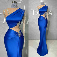 Royal Blue Long Sleeves Prom Dress Mermaid One Shoulder High Neck With Beads
