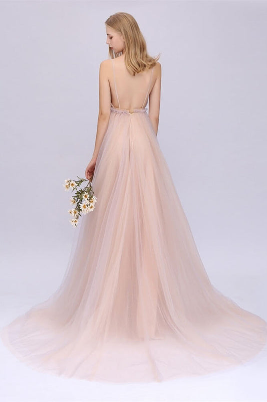 Gorgeous Blushing Spaghetti-Straps Prom Dresses Tulle Backless With Appliques