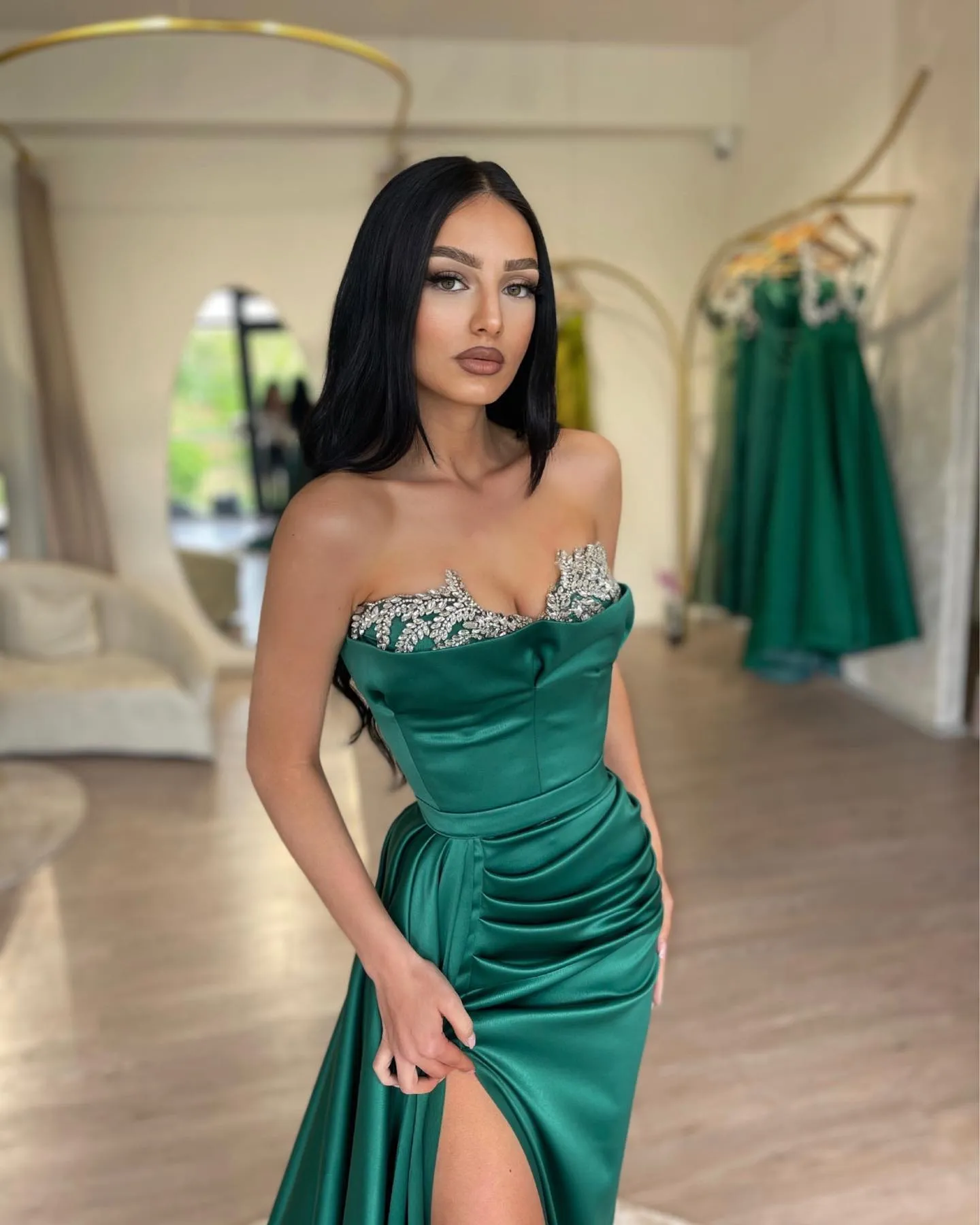Dark Green Strapless Mermaid Prom Dress Sleeveless Pleated with Beads