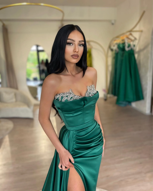 Dark Green Strapless Mermaid Prom Dress Sleeveless Pleated with Beads