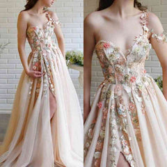Classic One Shoulder Prom Dress Tulle With Flowers Split