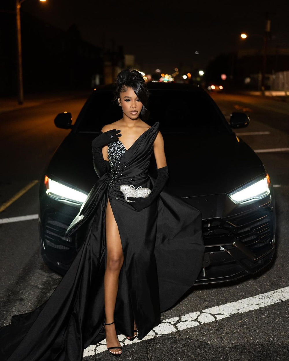 Black Sequin Strapless Prom Dress Long Slit Pleated